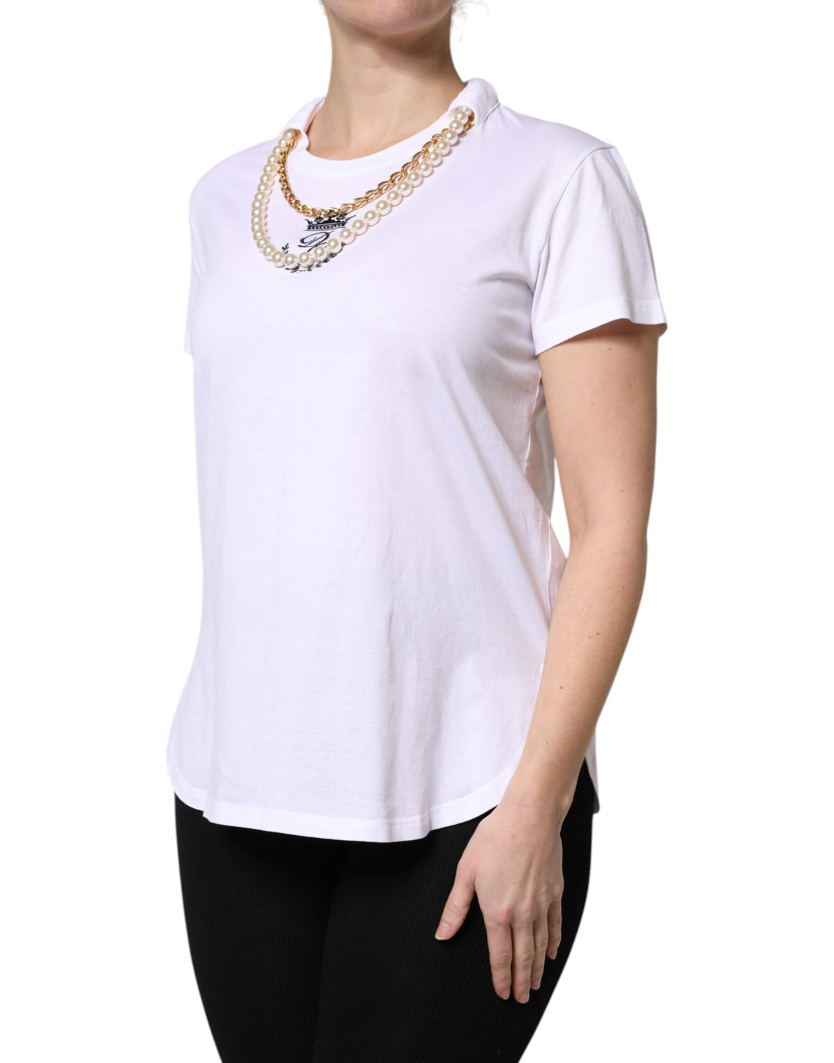 Dolce & Gabbana T-shirt en coton blanc avec chaîne et perles