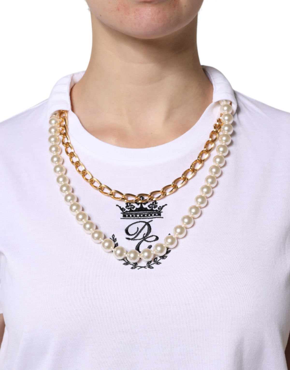Dolce & Gabbana T-shirt en coton blanc avec chaîne et perles