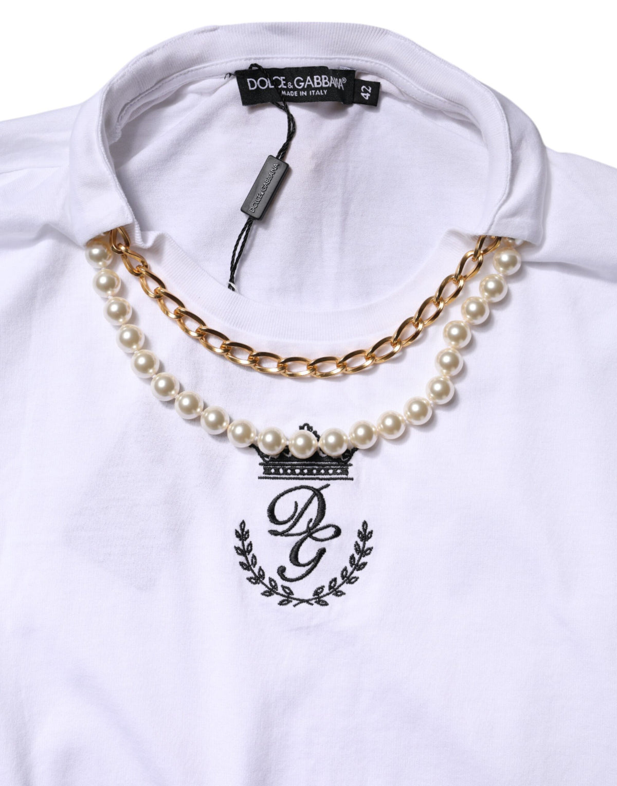 Dolce & Gabbana T-shirt en coton blanc avec chaîne et perles