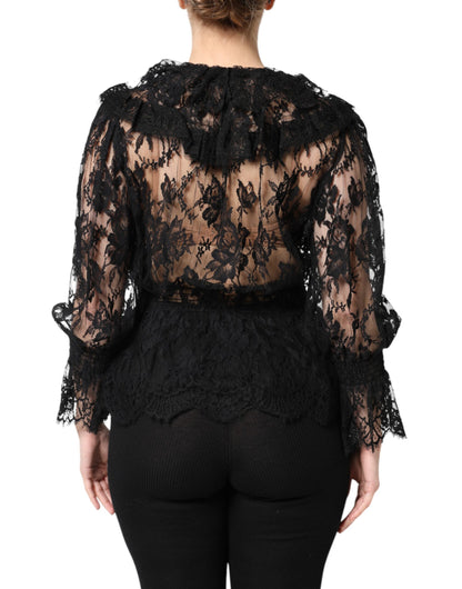 Dolce & Gabbana Black Cotton Floral Lace Women Blouse Top
