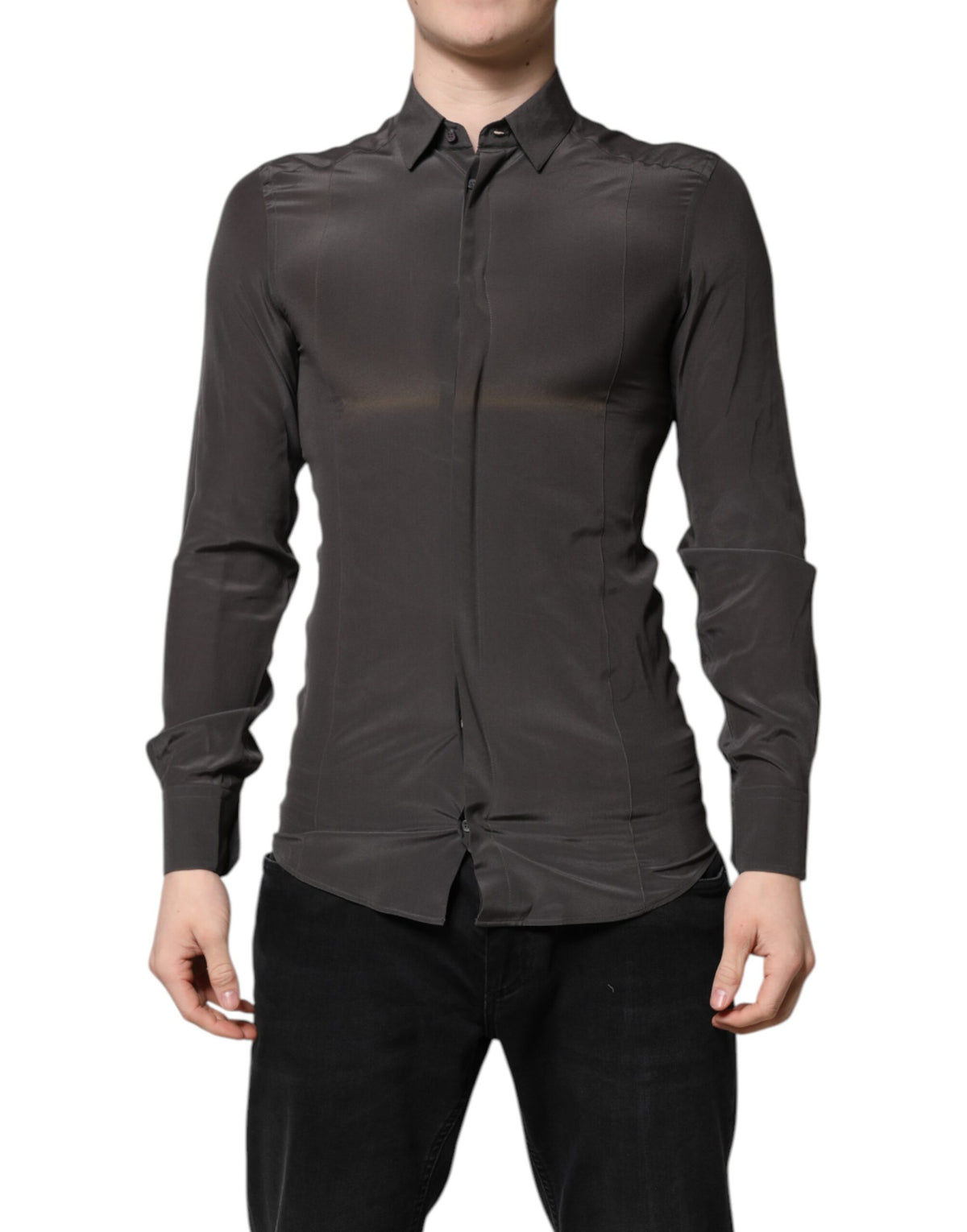 Chemise formelle en soie grise anthracite, brodée d'or, Dolce &amp; Gabbana.