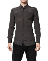 Chemise formelle en soie grise anthracite, brodée d'or, Dolce &amp; Gabbana.