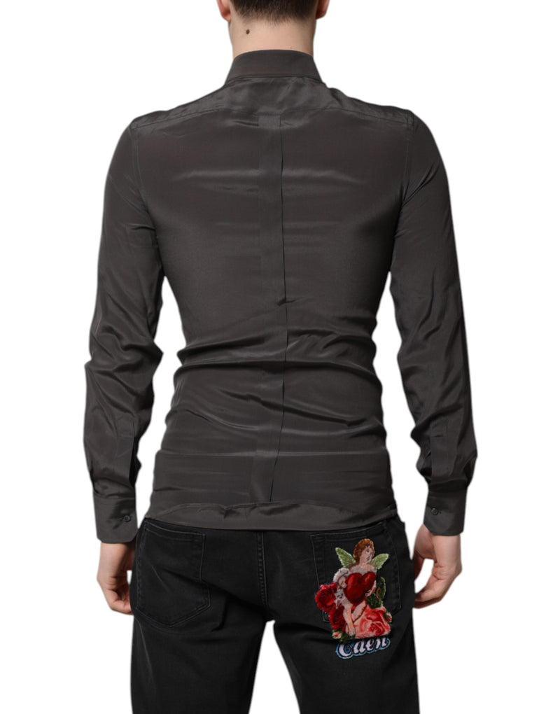 Dolce &amp; Gabbana donkergrijze zijden gouden jurk, formele overhemd.