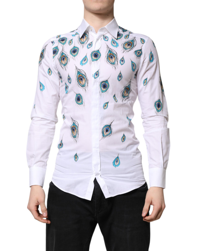 Chemise blanche en coton à imprimé plumes dorées Dolce &amp; Gabbana