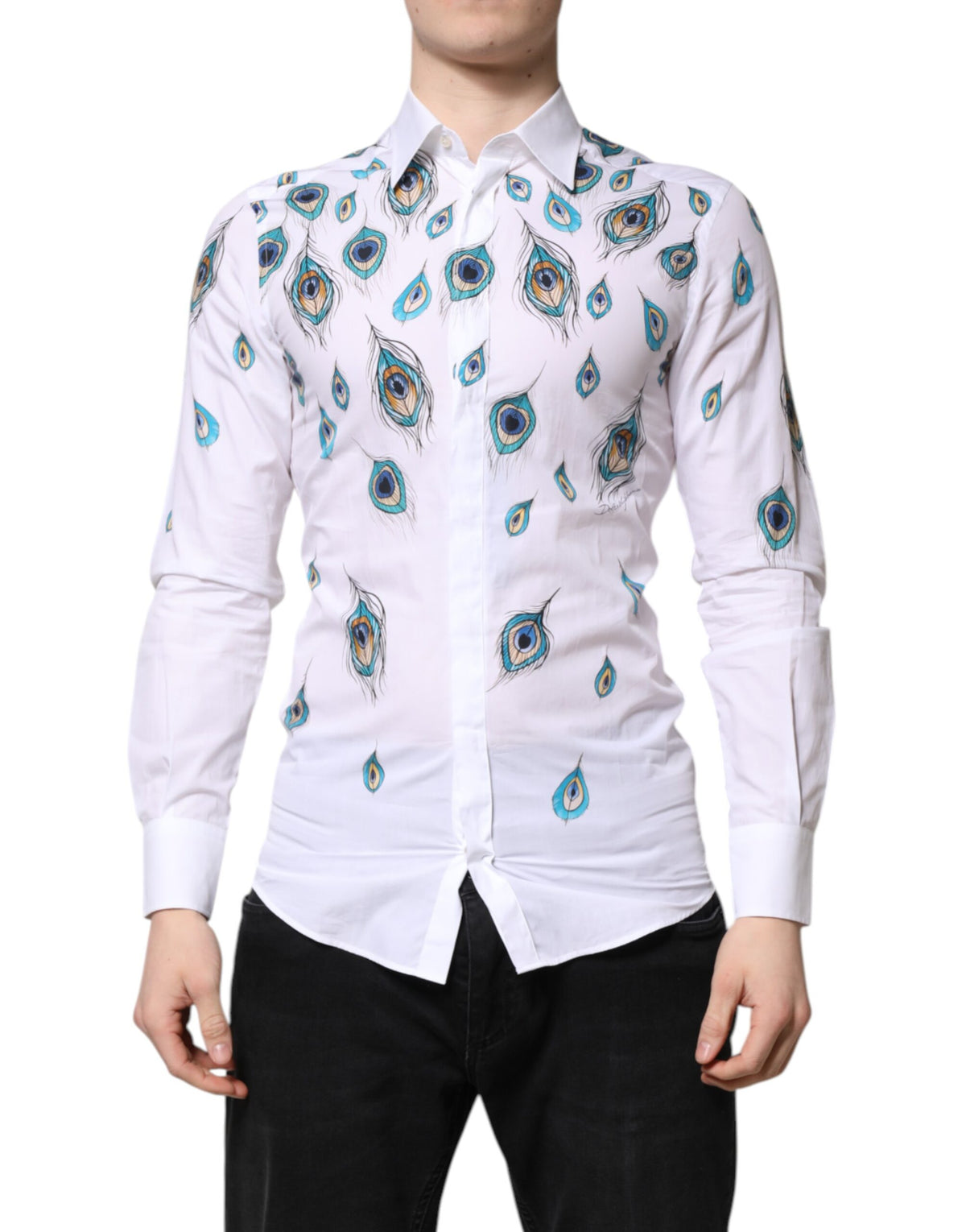 Chemise blanche en coton à imprimé plumes dorées Dolce &amp; Gabbana