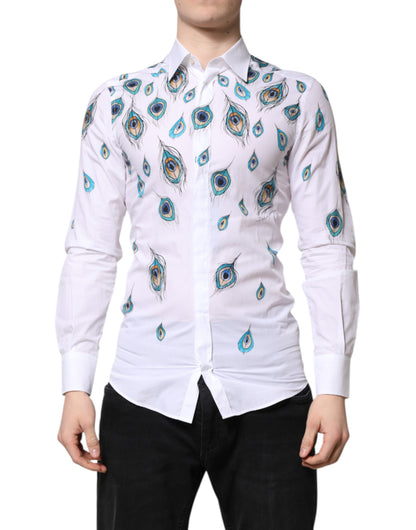 Dolce &amp; Gabbana wit katoenen overhemd met veerprint en gouden details