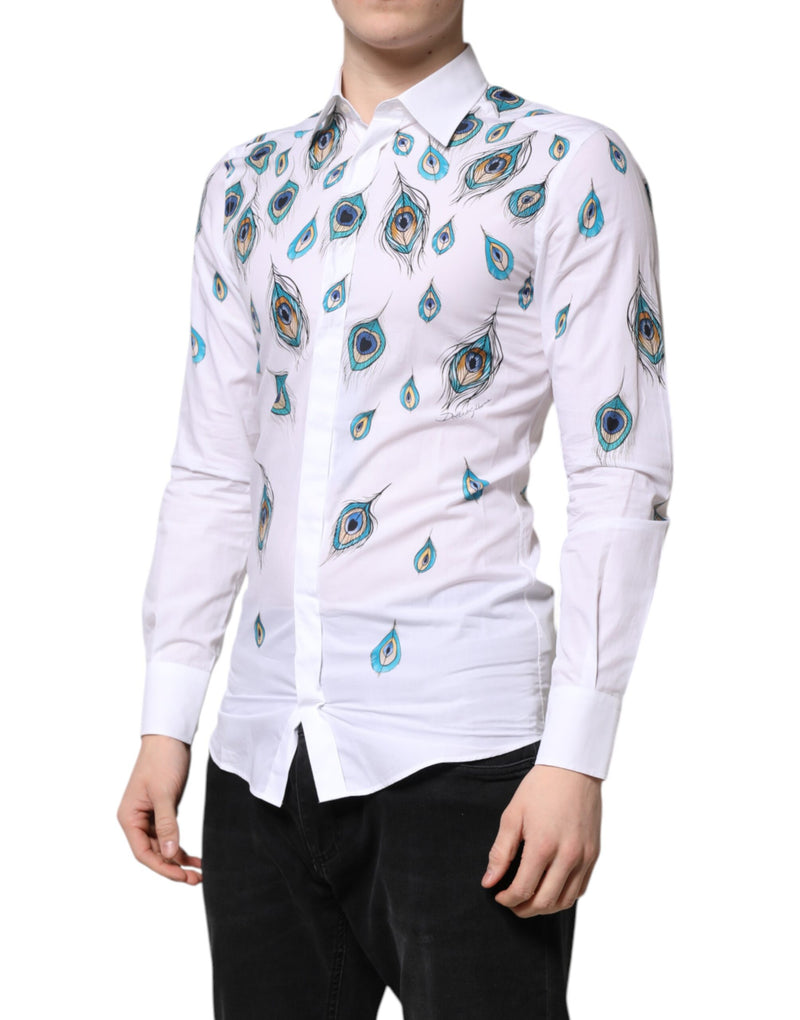 Chemise blanche en coton à imprimé plumes dorées Dolce &amp; Gabbana