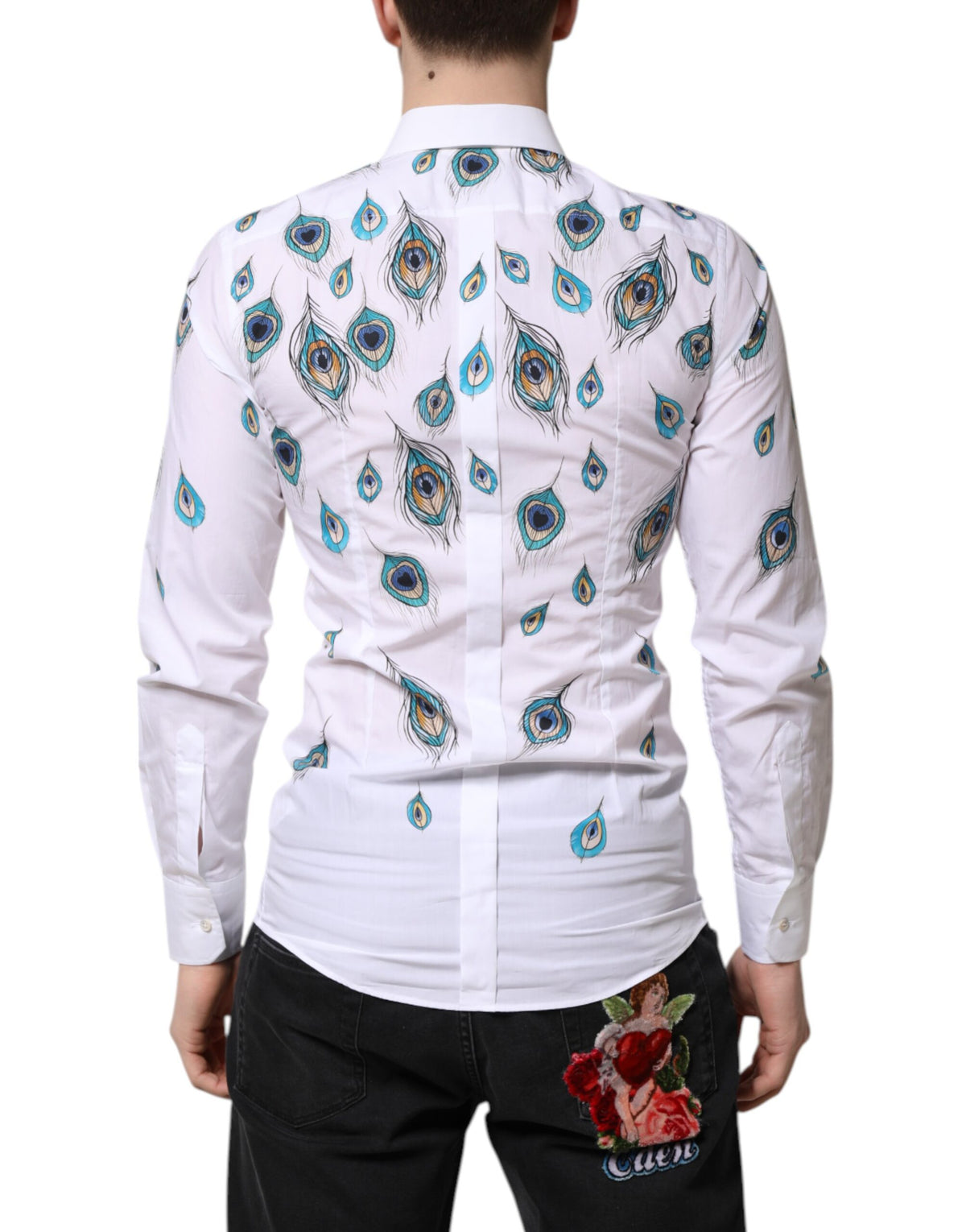 Chemise blanche en coton à imprimé plumes dorées Dolce &amp; Gabbana