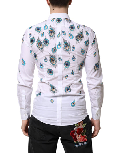 Dolce & Gabbana White Cotton Feather Print GOLD Dress Shirt