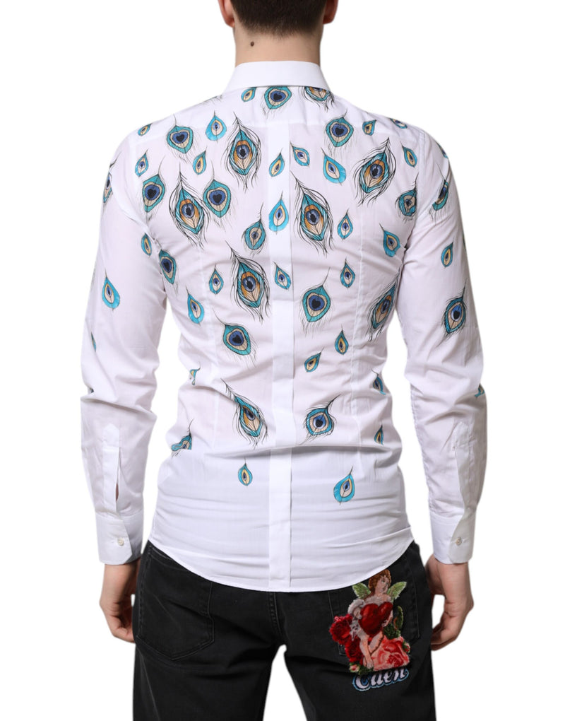 Chemise blanche en coton à imprimé plumes dorées Dolce &amp; Gabbana