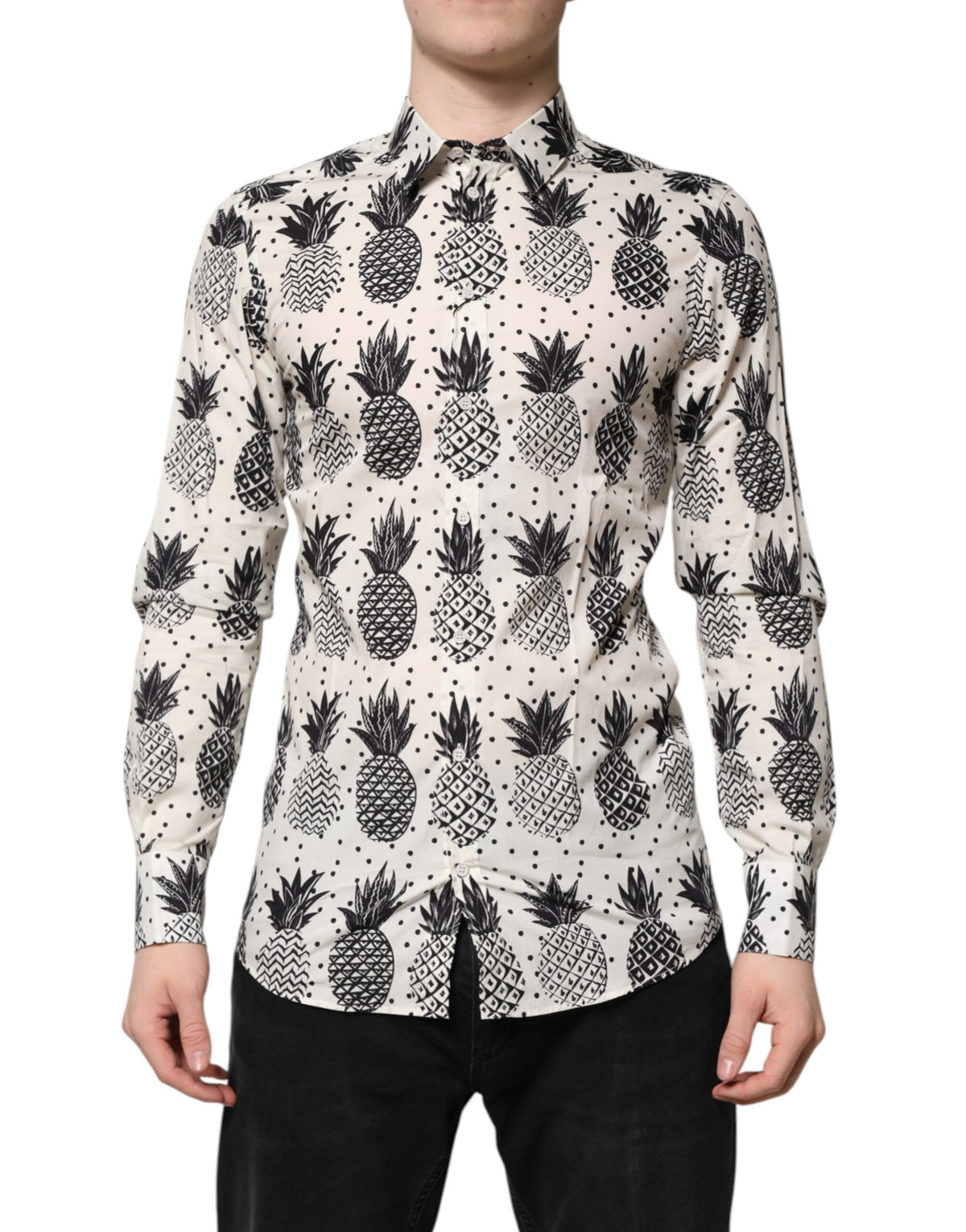 Chemise dorée à manches longues Dolce &amp; Gabbana avec imprimé ananas blanc.
