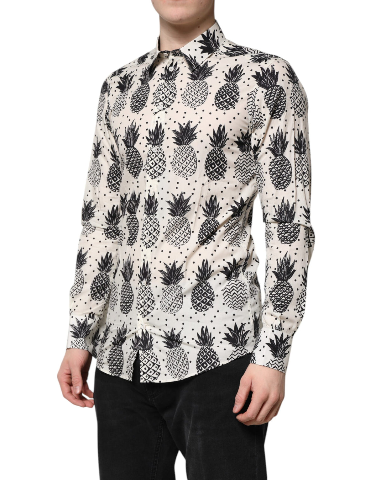 Chemise dorée à manches longues Dolce &amp; Gabbana avec imprimé ananas blanc.