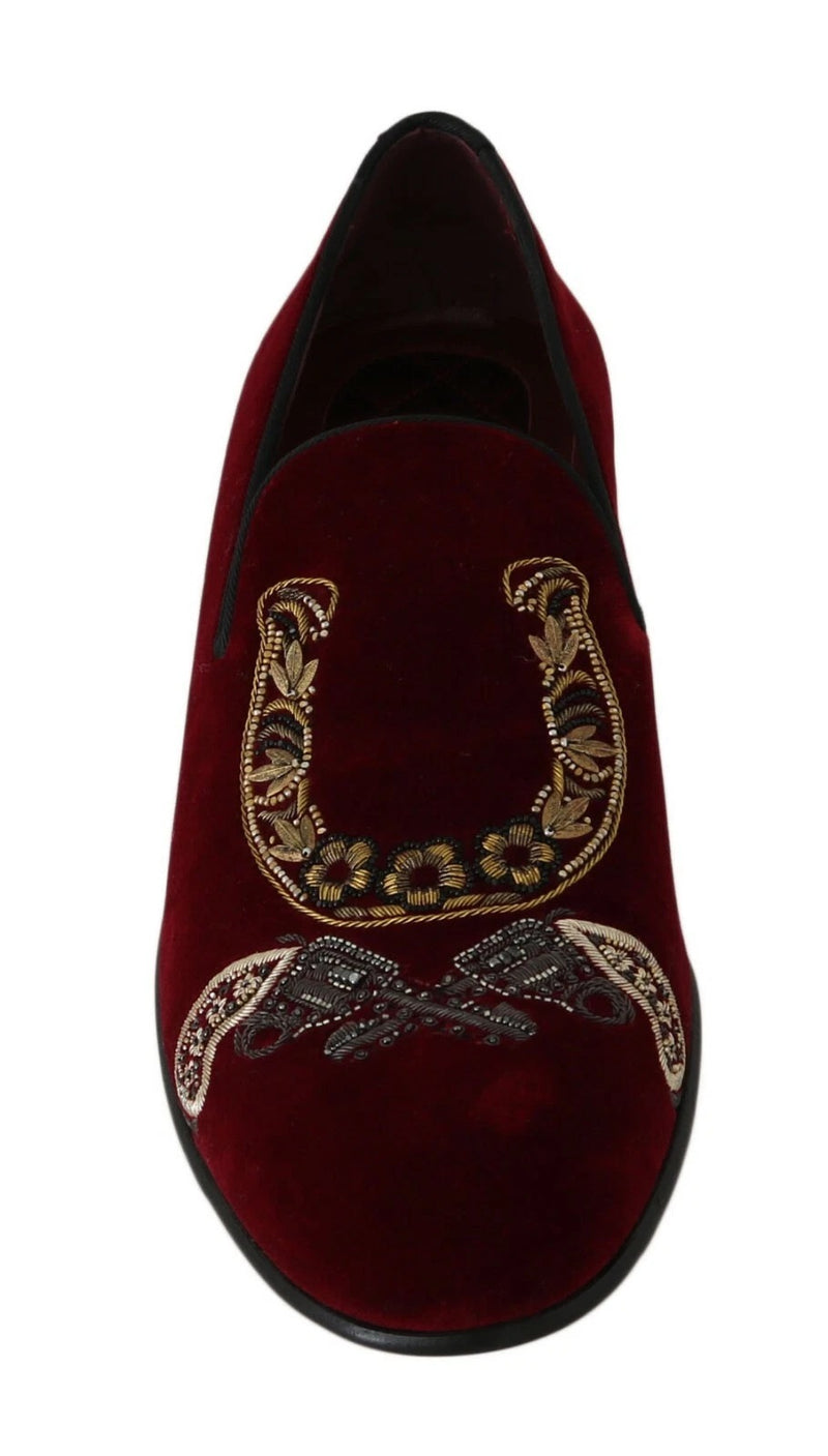 Mocassins en velours bordeaux Dolce &amp; Gabbana, chaussures fer à cheval