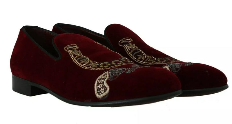 Mocassins en velours bordeaux Dolce &amp; Gabbana, chaussures fer à cheval