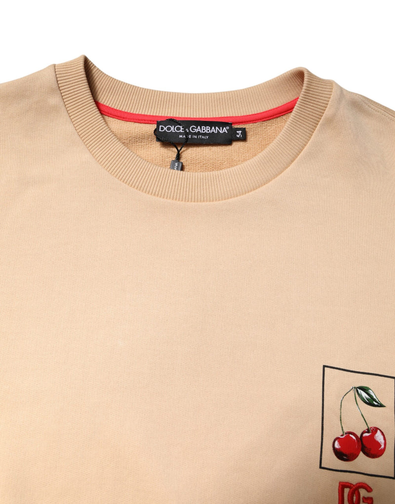 Pull en jersey à col rond beige avec imprimé cerise de Dolce &amp; Gabbana