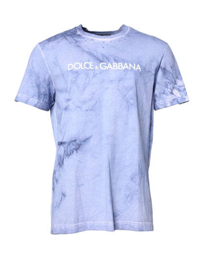 Dolce & Gabbana Blauw katoenen T-shirt met logo-print en ronde hals