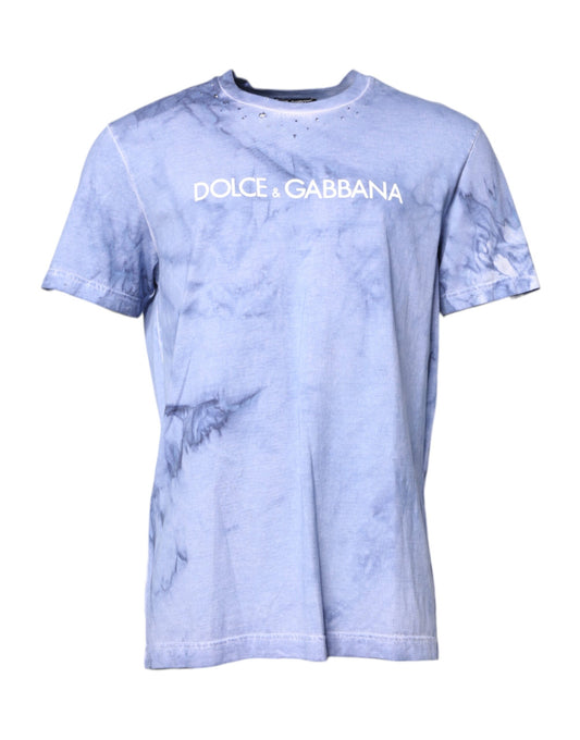 Dolce & Gabbana Blauw katoenen T-shirt met logo-print en ronde hals