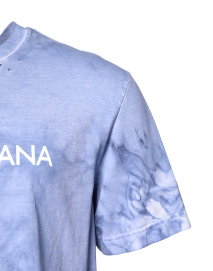 Dolce & Gabbana Blauw katoenen T-shirt met logo-print en ronde hals
