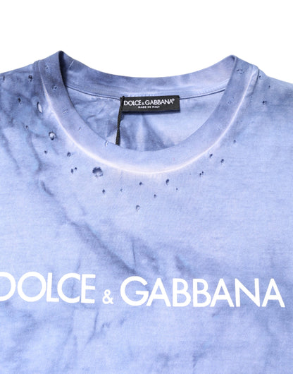 Dolce & Gabbana Blauw katoenen T-shirt met logo-print en ronde hals