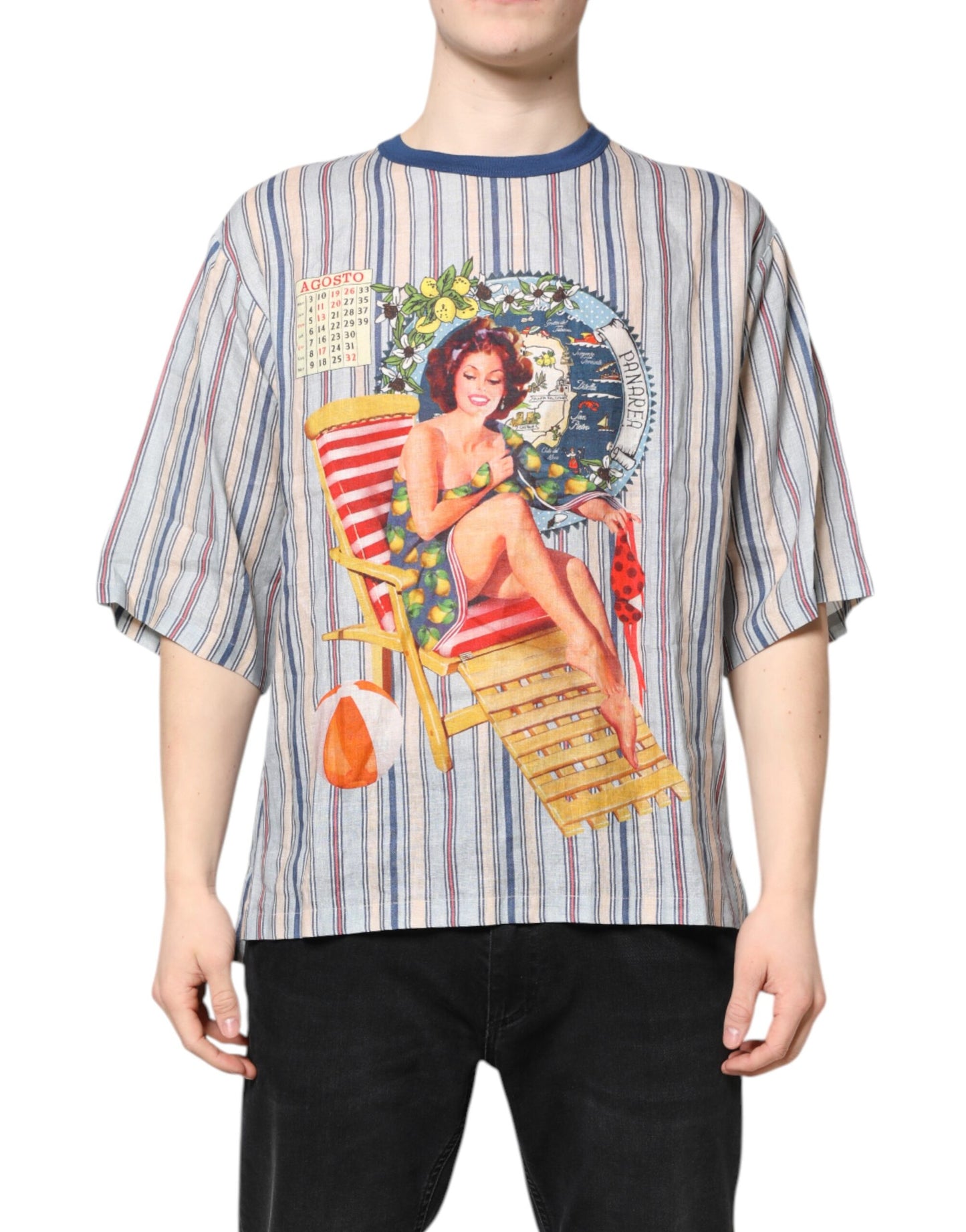 T-shirt en lin à rayures multicolores et col rond, style pin-up, Dolce & Gabbana