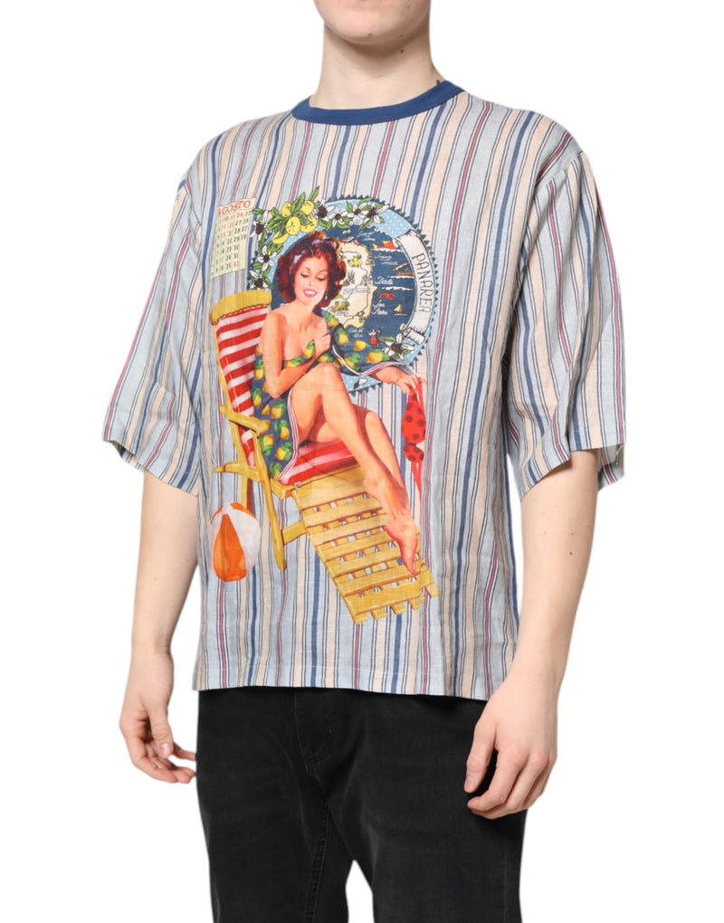 T-shirt en lin à rayures multicolores et col rond, style pin-up, Dolce &amp; Gabbana