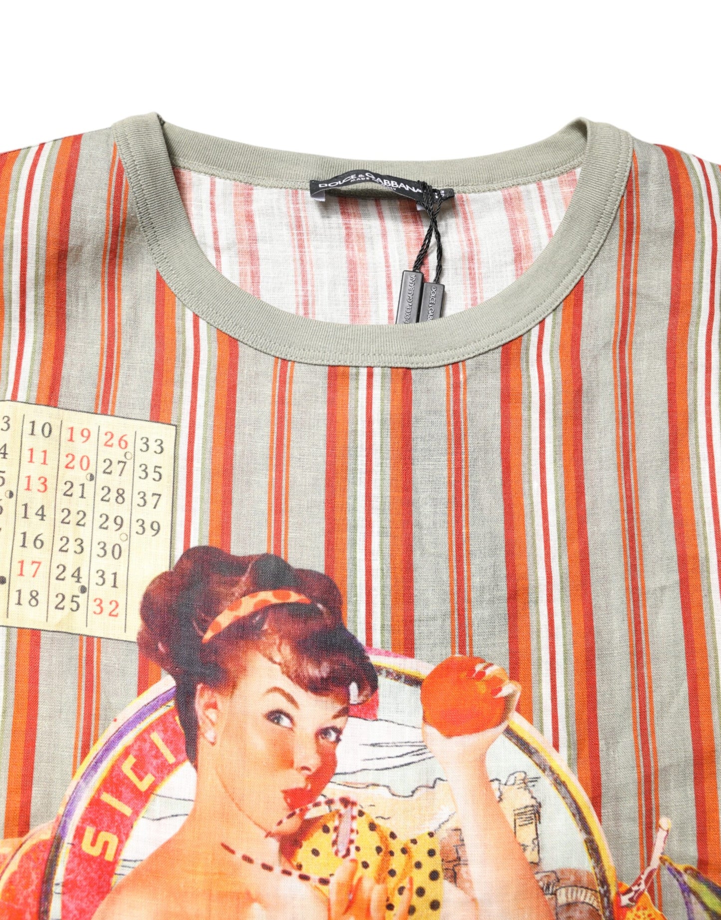 T-shirt en lin à rayures multicolores et imprimé graphique, col rond, Dolce & Gabbana