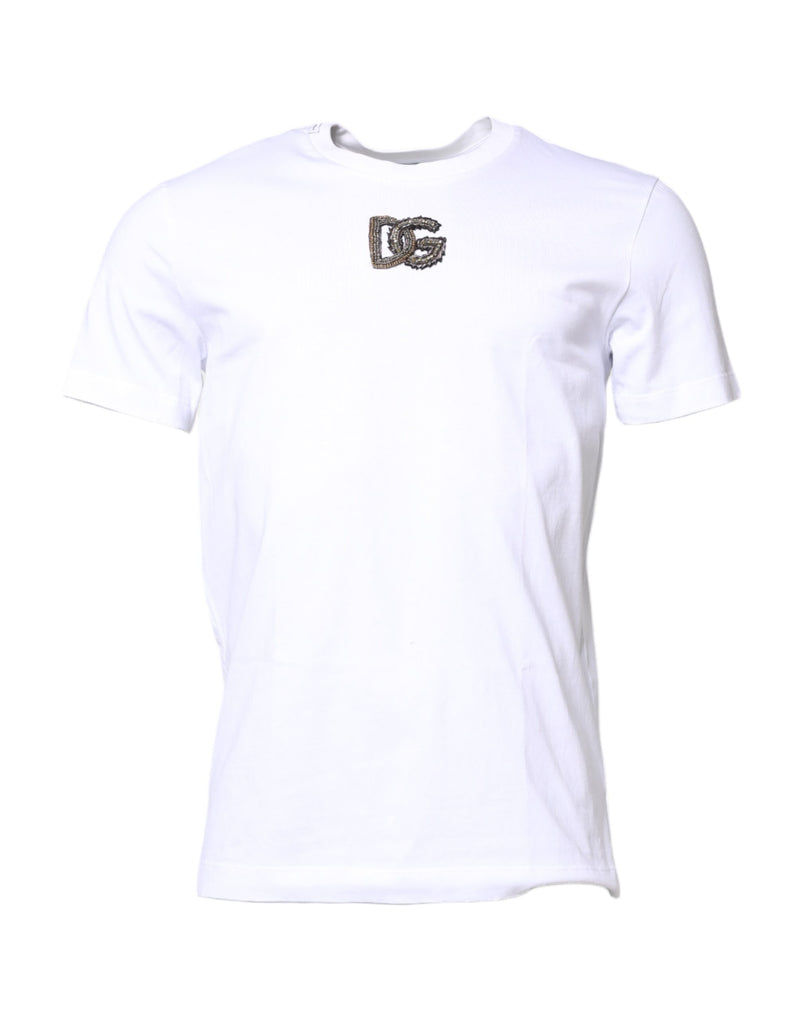 T-shirt à col rond en coton blanc avec broderie DG de Dolce &amp; Gabbana