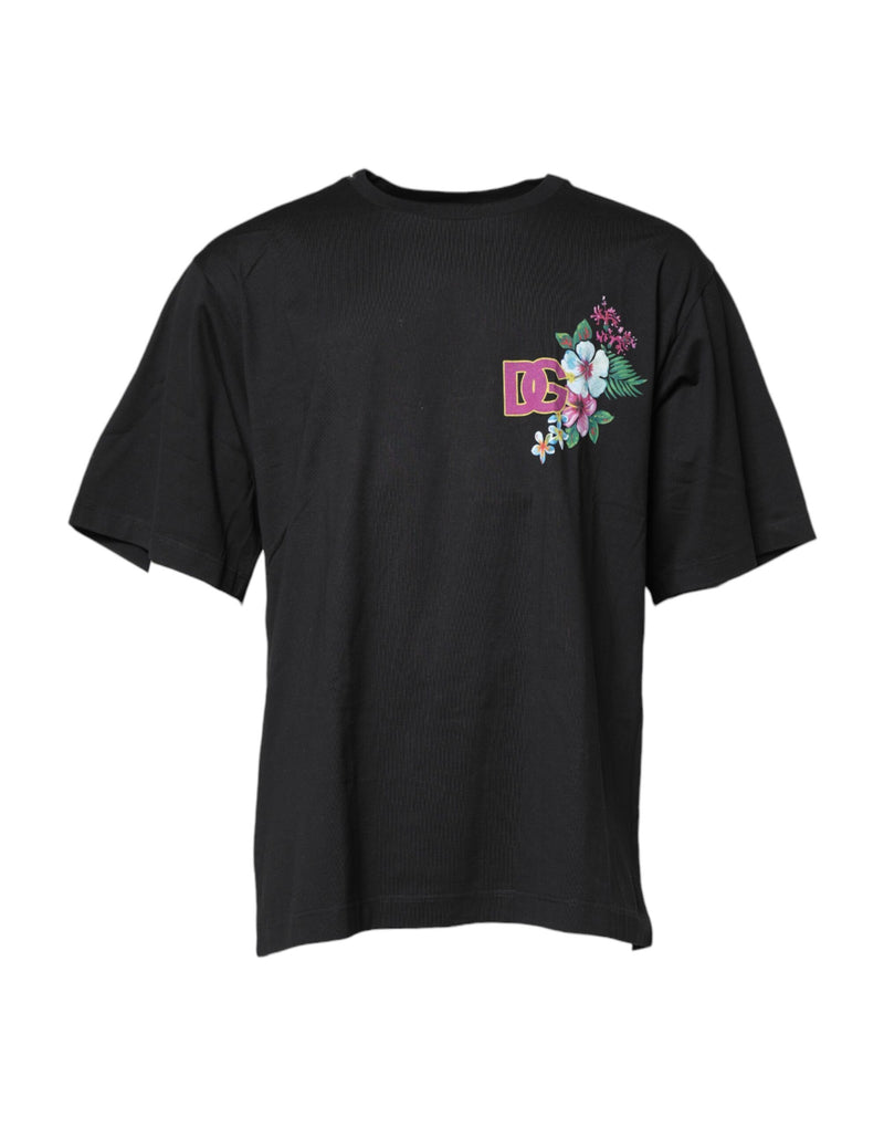 T-shirt à col rond noir à imprimé floral DG de Dolce &amp; Gabbana