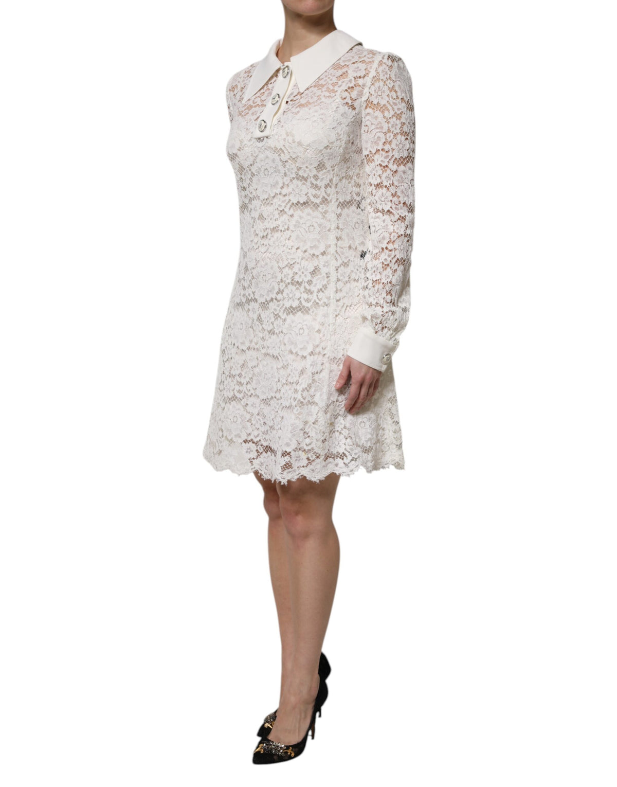 Dolce & Gabbana Robe A-ligne en Dentelle Florale Blanche à Manches Longues