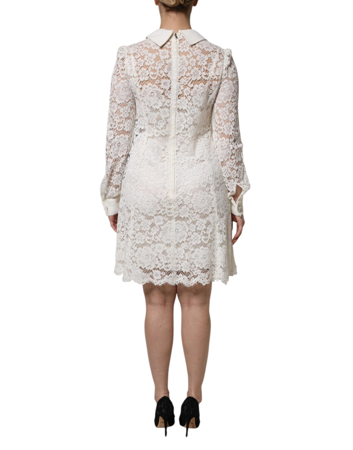 Dolce & Gabbana Robe A-ligne en Dentelle Florale Blanche à Manches Longues