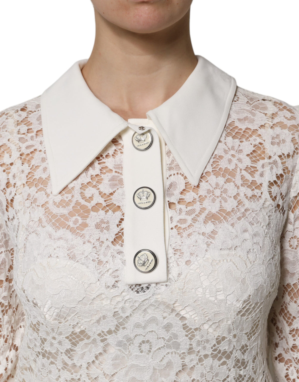 Dolce & Gabbana Robe A-ligne en Dentelle Florale Blanche à Manches Longues