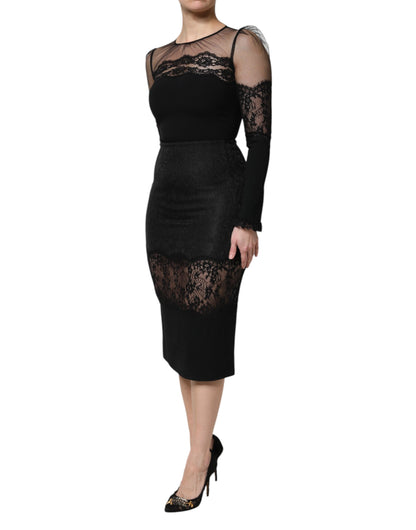 Dolce & Gabbana Black Lace Trim Nylon Tulle Sheath Midi Dress