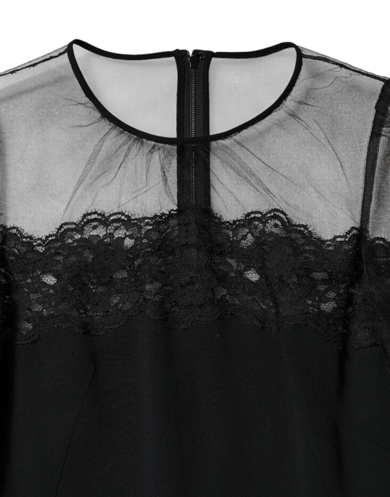 Dolce & Gabbana Black Lace Trim Nylon Tulle Sheath Midi Dress