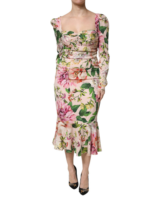Robe Midi Évasée Florale en Soie Rose Dolce & Gabbana