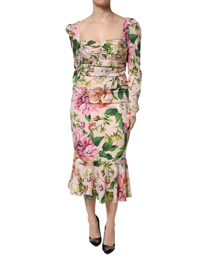Robe Midi Évasée Florale en Soie Rose Dolce & Gabbana