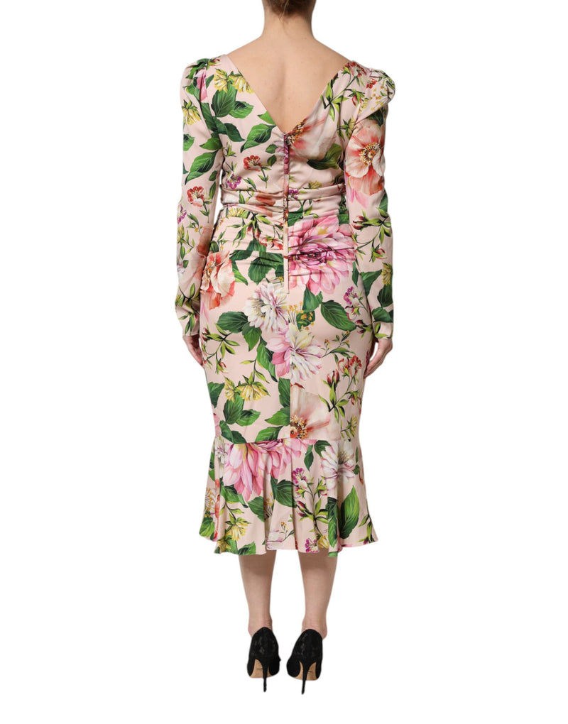 Robe Midi Évasée Florale en Soie Rose Dolce & Gabbana