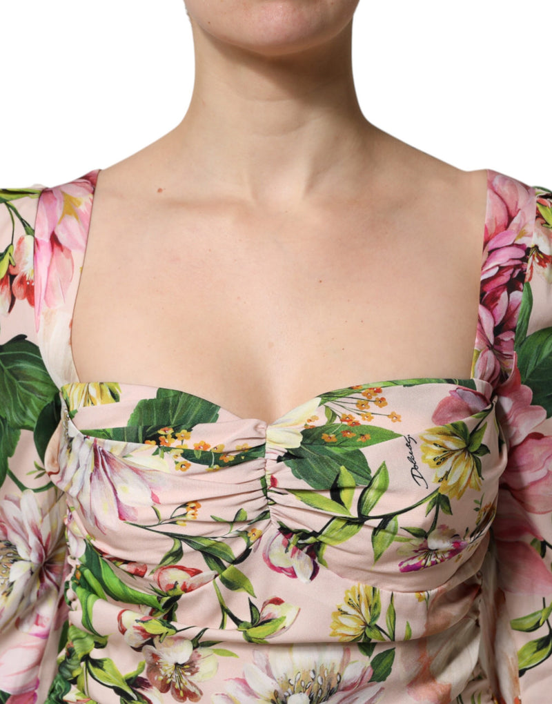 Robe Midi Évasée Florale en Soie Rose Dolce & Gabbana