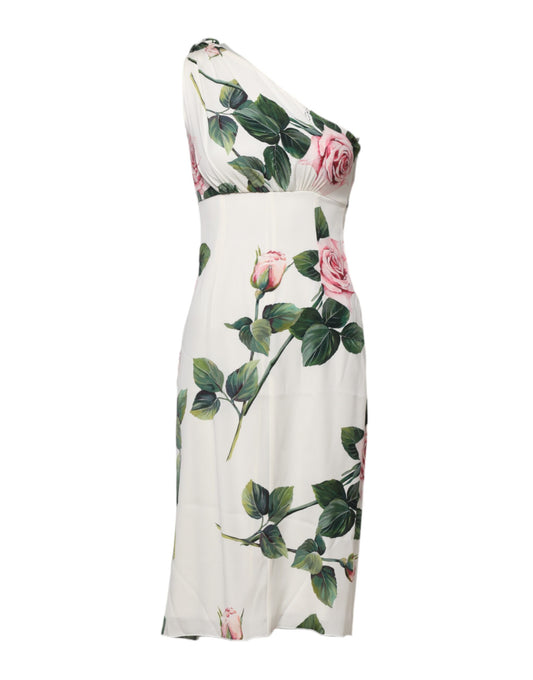 Dolce & Gabbana White Floral One Shoulder Sheath Midi Dress