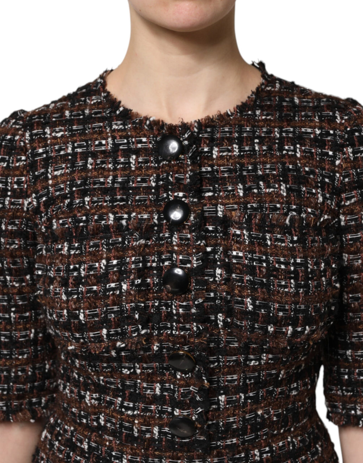 Dolce & Gabbana Robe Mini A-line en Tweed Marron à Manches Courtes