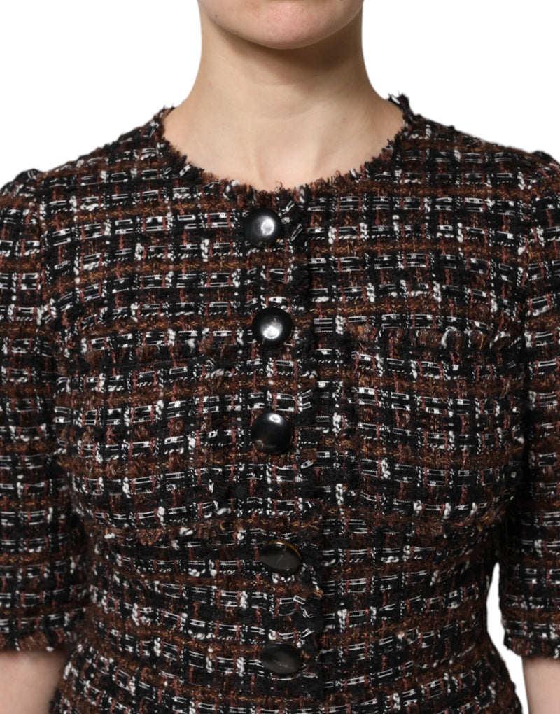 Dolce & Gabbana Robe Mini A-line en Tweed Marron à Manches Courtes