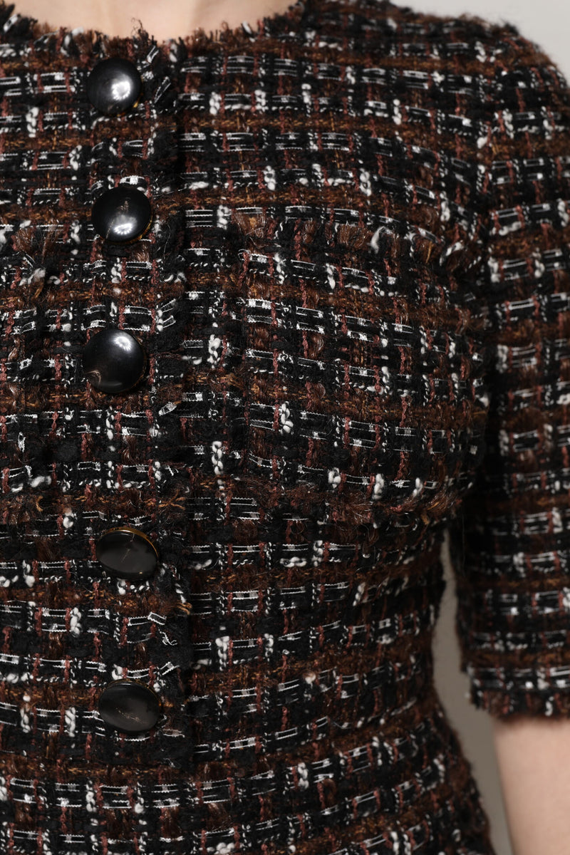 Dolce & Gabbana Robe Mini A-line en Tweed Marron à Manches Courtes