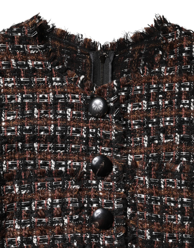 Dolce & Gabbana Robe Mini A-line en Tweed Marron à Manches Courtes