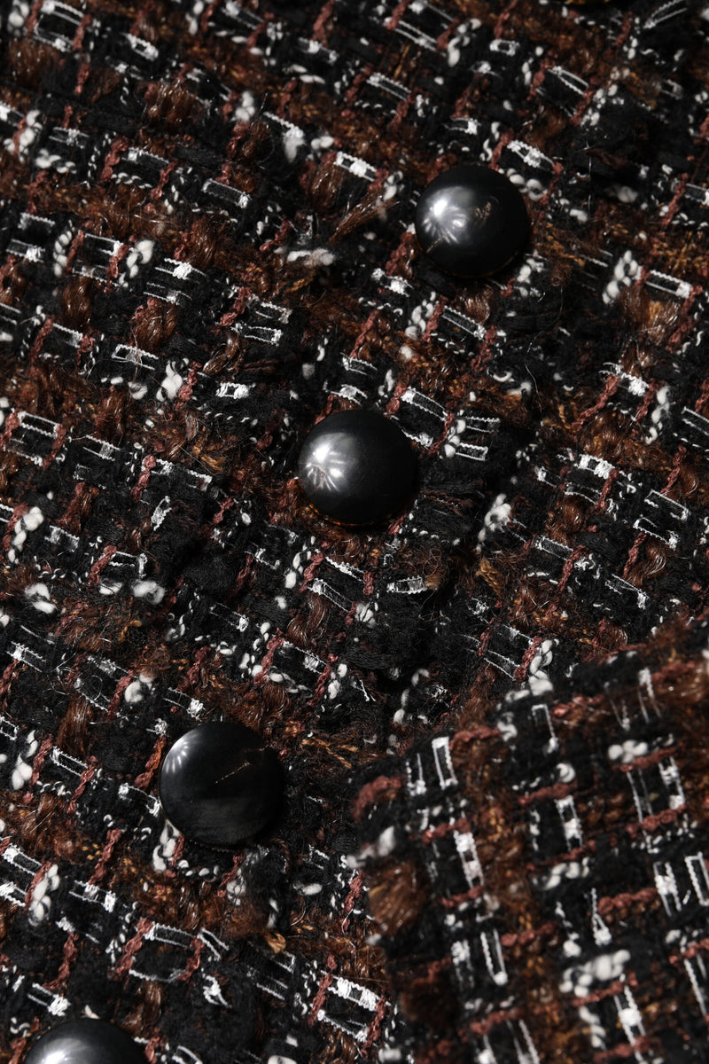 Dolce & Gabbana Robe Mini A-line en Tweed Marron à Manches Courtes