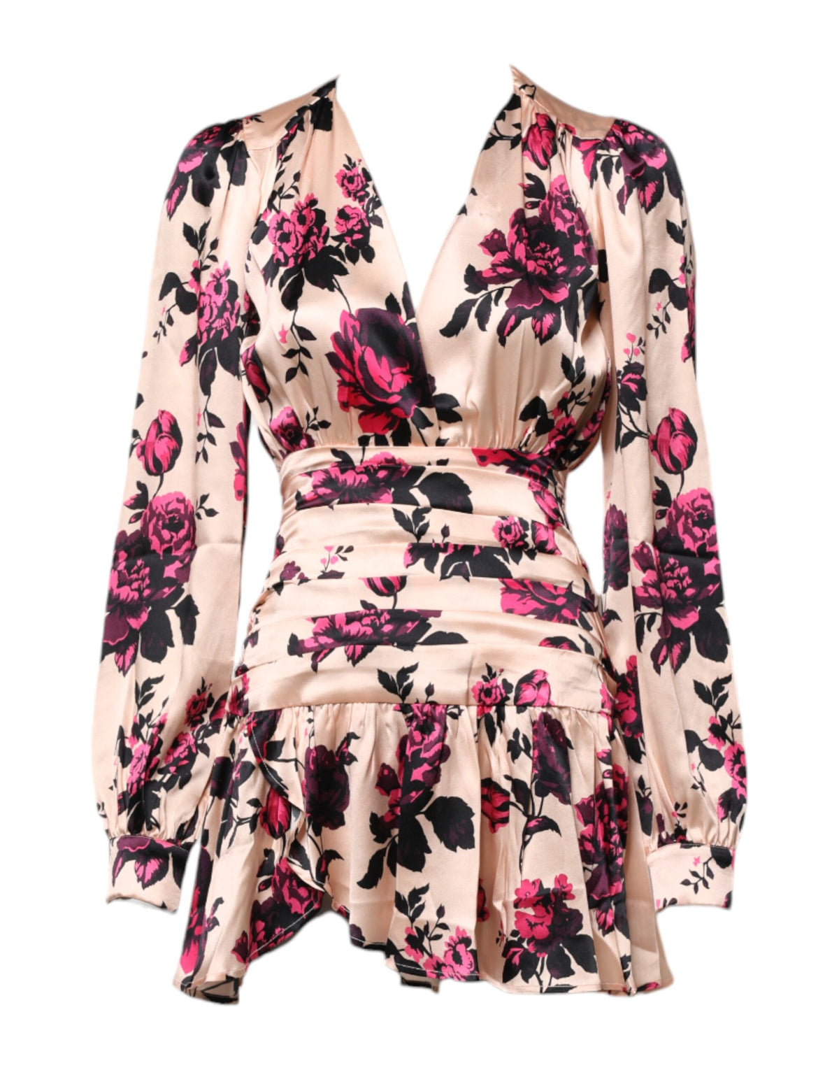 Robe Mini V-Cou Wrap à Manches Longues en Soie Florale Rose Laneus