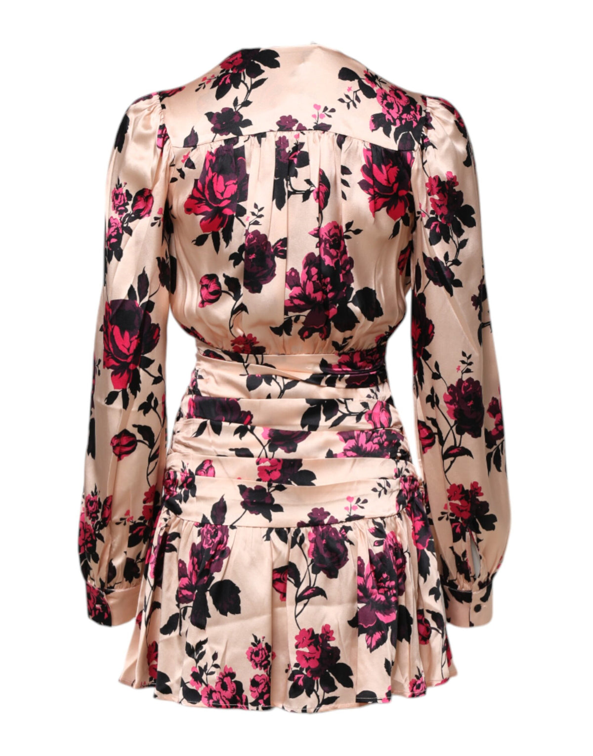 Robe Mini V-Cou Wrap à Manches Longues en Soie Florale Rose Laneus
