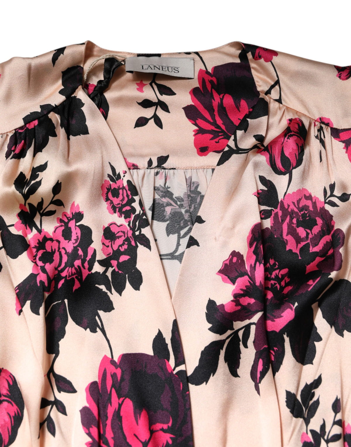 Robe Mini V-Cou Wrap à Manches Longues en Soie Florale Rose Laneus