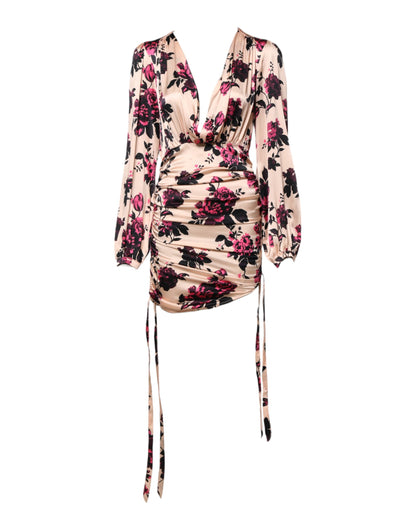 Laneus Pink Floral Silk Long Sleeves V-neck Ruched Mini Dress