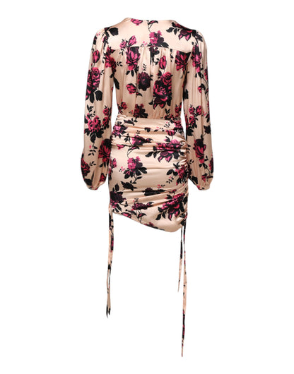 Laneus Pink Floral Silk Long Sleeves V-neck Ruched Mini Dress