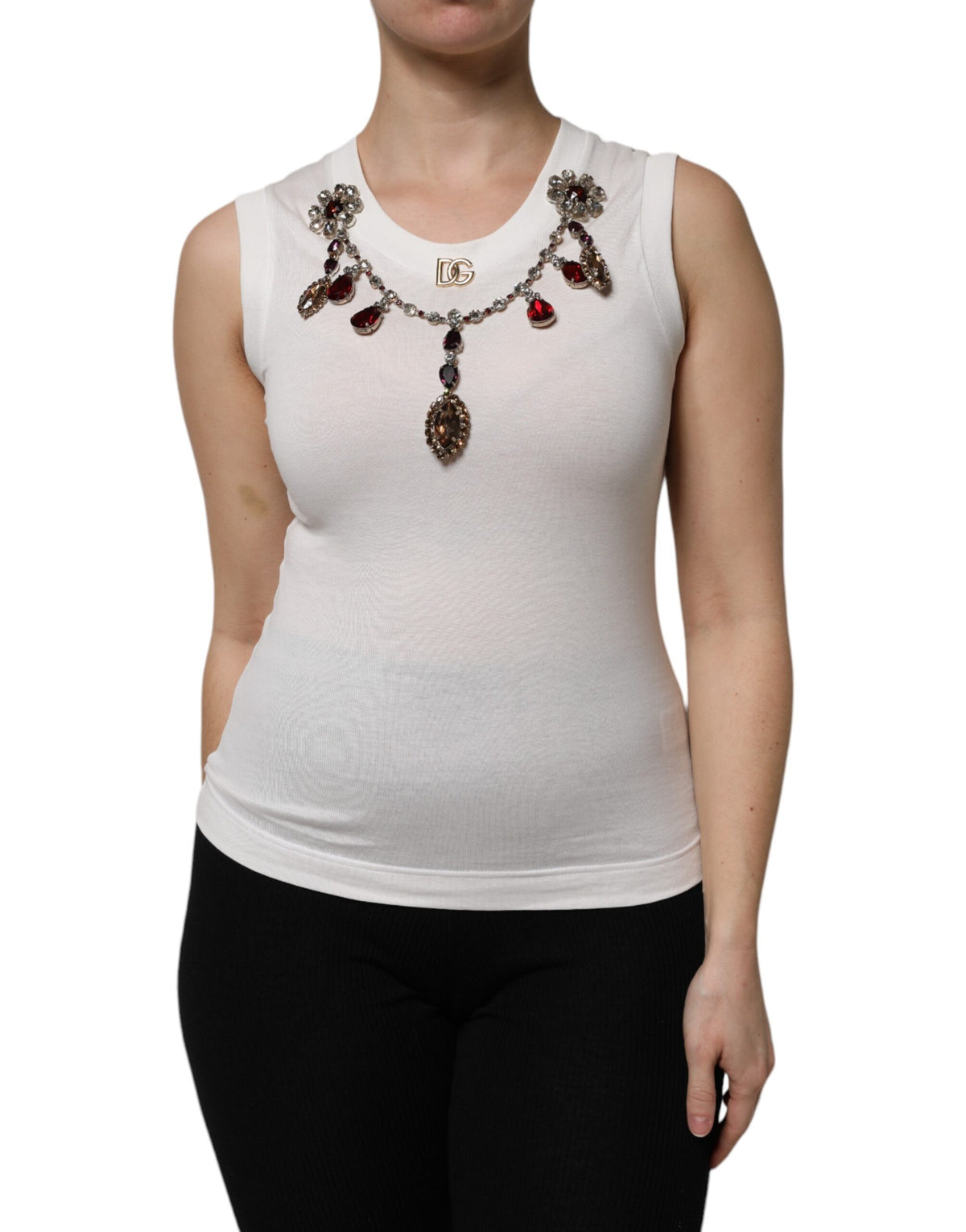 Dolce & Gabbana White Cotton Logo Tank Top with Crystal Detailing