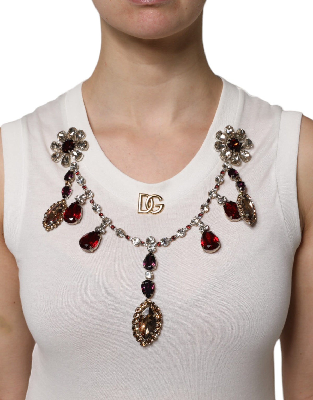 Dolce & Gabbana White Cotton Logo Tank Top with Crystal Detailing